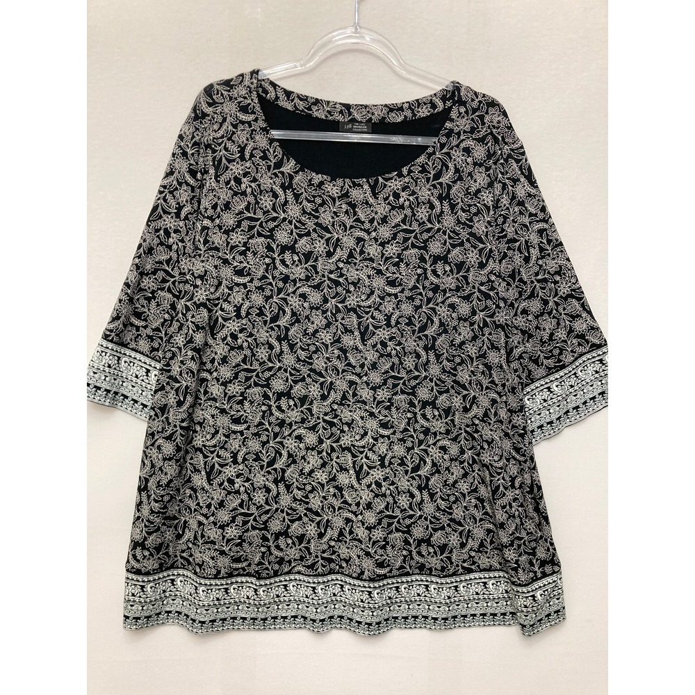 J. Jill Wearever Top 2X Black Floral Scoop Neck 3/4 Sleeve Stretch Comfy